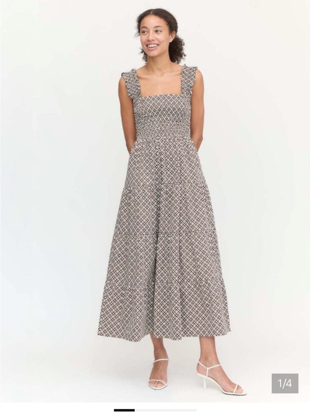 Hill house kimmy Square-Neck Floral Midi Dress in Brown and White